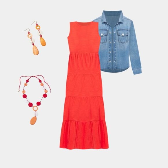 Chico's | Flame Scarlet Red Sleeveless Tiered Jersey Knit Maxi Dress 0/4 NWT - Picture 2 of 8